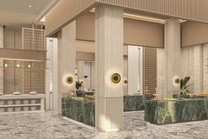 Illustration des Speisebereichs im Jaz Elite Amara Hotel mit grünen Marmortischen und modernen Möbeln