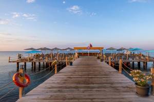 Die Terrasse des Nirvana Cosmopolitan Hotels mit Lounge-Stühlen und Sonnenschirmen am Meer.