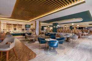 Innenbereich des Nirvana Cosmopolitan Hotels mit modernen Möbeln, grünen Wänden und Holzboden.