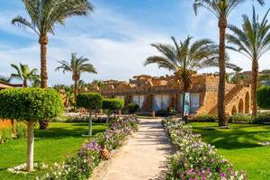 Außenbereich des Utopia Beach Club Hotels mit gepflegtem Rasen und Blumenbeeten.