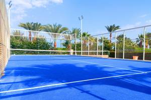 Ein leerer Tennisplatz des Utopia Beach Club mit blauem Boden und hohen Palmen im Hintergrund.