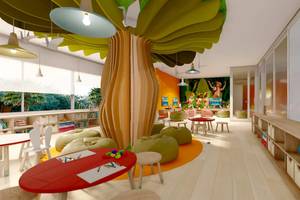 Ein kinderzimmer im Sunscape Dominicus La Romana mit einer großen Baumstruktur, bunten Möbeln und einer Wandmalerei.
