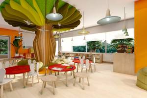 Illustration eines bunten Kinderzimmers mit einem Baum als zentralem Element.