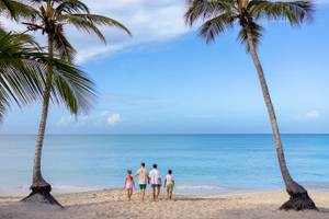 Familie am Strand mit Palmen und blauem Ozean im Hintergrund