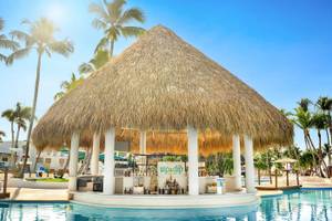 Strandbar im Pool des Sunscape Dominicus La Romana mit Strohdach und Getränken.
