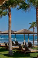 Strand-Lounge-Stuhle unter Palmenbaumen am Atlantica Kalliston Resort.