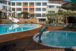 Arminda Hotel & Spa Pool mit Delfin-Skulptur und bunter Rutsche.