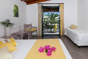 Schlafzimmer im Chrissi Amoudia Hotel mit zwei Betten, Balkon und Palmenblick.
