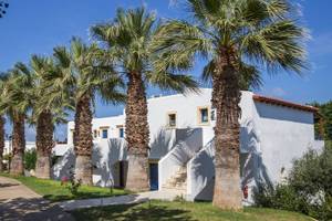 Außenansicht des Chrissi Amoudia Hotels mit weißen Gebäuden und Palmen.