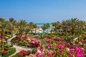 Außenbereich des Mövenpick Resort & Spa El Gouna mit Palmen, Blumen und Blick auf das Meer
