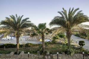 Außenbereich des Three Corners Happy Life Beach Resorts mit Palmen und einem Schwimmbad