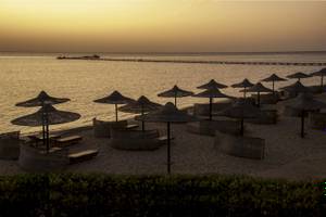 Strand des Three Corners Fayrouz Plaza Beach Resort mit Sonnenschirmen und Liegen