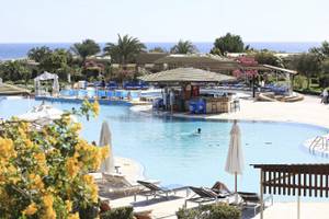 Außenpool des Three Corners Fayrouz Plaza Beach Resorts mit Sonnenliegen und einer Person im Schwimmen.