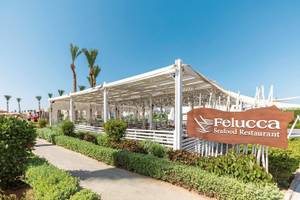 Felucca Seafood Restaurant vorne mit Terrasse und Palmen