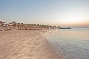 Strand des SUNRISE Royal Makadi Resorts mit Sonnenschirmen und Liegen