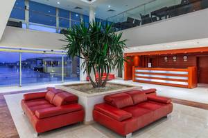 Empfangsbereich des Cleopatra Luxury Beach Resorts mit einer großen Palme und roten Sofas.