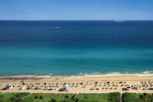 Luftaufnahme des Fontainebleau Miami Beach mit Strand, Meer und Liegestühlen.