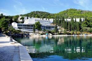 Außenansicht des Osmine Slano Hotels am Wasser mit grünen Bäumen und Gebäuden im Hintergrund.
