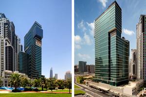 Zwei Ansichten des Taj Dubai Hochhauses, eines imposanten Gebäudes mit grünen Glasfassaden und goldenen Schriftzügen.