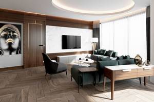 Modernes Wohnzimmer im Sherwood Exclusive Lara Hotel mit einem Fernseher, Sofas, Tisch und Dekor.