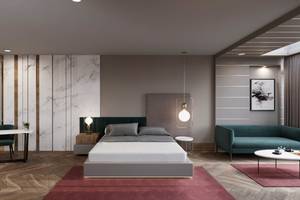 Innenansicht eines Schlafzimmers im Sherwood Exclusive Lara Hotel mit modernem Design und luxuriöser Einrichtung.