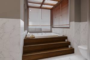 Innenansicht des Badezimmers im Sherwood Exclusive Lara Hotel mit Badewanne, Holzstufen und modernem Design.