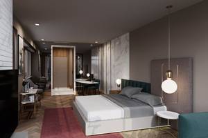 Innenansicht des Schlafzimmers im Sherwood Exclusive Lara Hotel mit einem großen Bett, Nachttischen und elegante Beleuchtung.