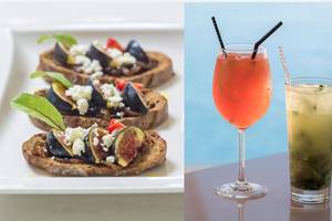 Zwei Bilder von Fig Toast und Cocktails im Vencia Boutique Hotel.