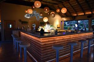 Innenansicht der Sharkey Bar im Fujairah Rotana Resort & Spa mit Holztheke und Barhockern.