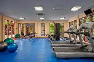 Fitnesscenter im Hilton Seychelles Labriz Resort & Spa mit Laufbändern, Hanteln und Trainingsbällen.