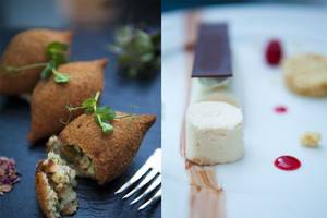 Zwei Gerichte vom Southern Sun Abu Dhabi: frittiertes Samsa mit Füllung und ein Dessert mit Sahne und roten Dekorationen.