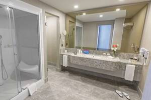 Badezimmer im Royal Seginus Hotel mit einer Dusche, Waschbecken und einem großen Spiegel.
