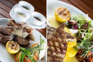 Grillgericht mit Gemüse und Kartoffelbrei im Hotel Kuramathi Maldives