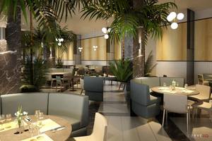Innenbereich des NissiBlu Beach Resort Restaurants mit modernen Möbeln und Pflanzen.