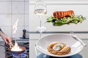 Ein Glas Weißwein und ein Gericht mit Hummer und Beilagen auf einem Tisch im Aqua Blu Boutique Hotel & Spa