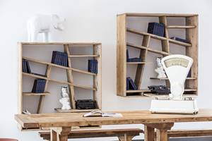 Zwei Holzregale mit Büchern und Dekorationen in einem Zimmer, ein Regal hat eine Figur eines Elefanten obenauf.