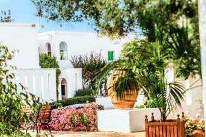 Außenbereich des Il Melograno Hotels mit weißen Gebäuden, Blumen und Pflanzen.