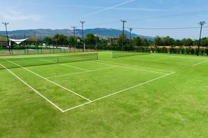 Tennisplatz im Blue Lagoon Resort mit grün kunstrasen und weißen linien.