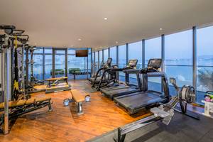 Fitnessstudio im Retreat Palm Dubai MGallery by Sofitel mit Blick auf das Meer.