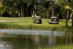 Golfplatz im Barcelo Tambor Hotel mit Enten und Golfern.