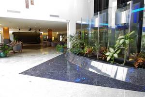 Empfangsbereich des LIVVO Costa Taurito Hotels mit Pflanzen und Sitzbereich.