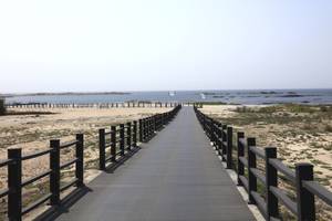 Betonweg zum Strand mit Umzäunung und ruhigen Meeresblick