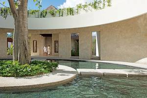 Innenpoolbereich im Secrets Akumal Riviera Maya Hotel mit einem großen Baum in der Mitte.