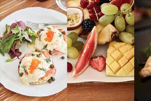 Auswahl an Speisen im Myconian Avaton Resort: Frühstücksei, Salat und verschiedene Früchte.