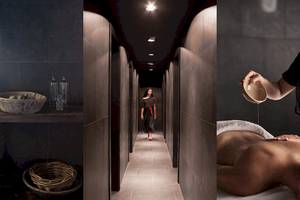 Spa-Bereich des Myconian Avaton Resorts mit verschiedenen Einrichtungen und einer Massageszene.