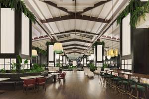 Innenbereich des H10 Rubicon Palace Hotels mit Holzboden, weißen Stühlen, Tischen und grünen Barhockern.