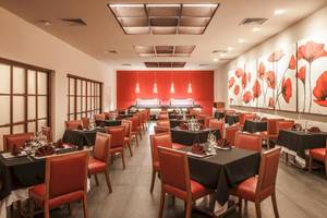 Innenbereich des Allegro Playacar Restaurants mit roten Stühlen und Tischen, rote Wand und rote Blumenbilder.