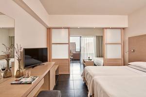 Doppelzimmer-Innenansicht im Atlantica Mikri Poli Kos Hotel mit zwei Betten, Fernseher, Schreibtisch und Spiegel.