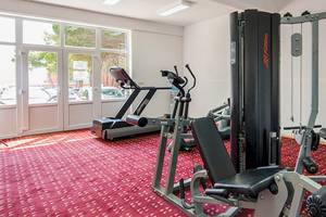 Fitnessraum im Zora Hotel mit Geräten und rotem Teppichboden.