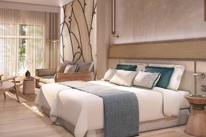 Schlafzimmer im Tabaiba Princess Hotel mit großem Bett, Dekor und Fenstern